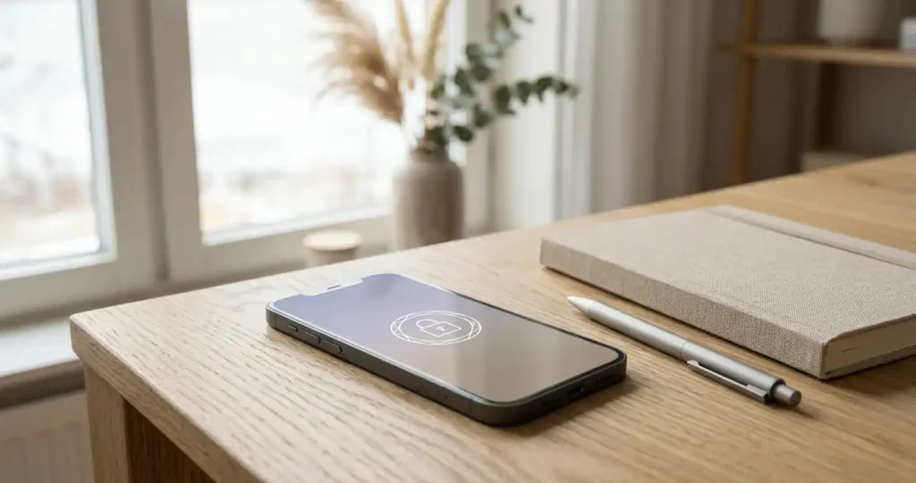 Mobiltelefon med abstrakt säker inloggningssymbol bredvid anteckningsbok