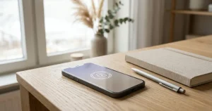 Mobiltelefon med abstrakt säker inloggningssymbol bredvid anteckningsbok