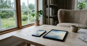 Mobiltelefon och surfplatta på ett bord i ett ljust skandinaviskt rum