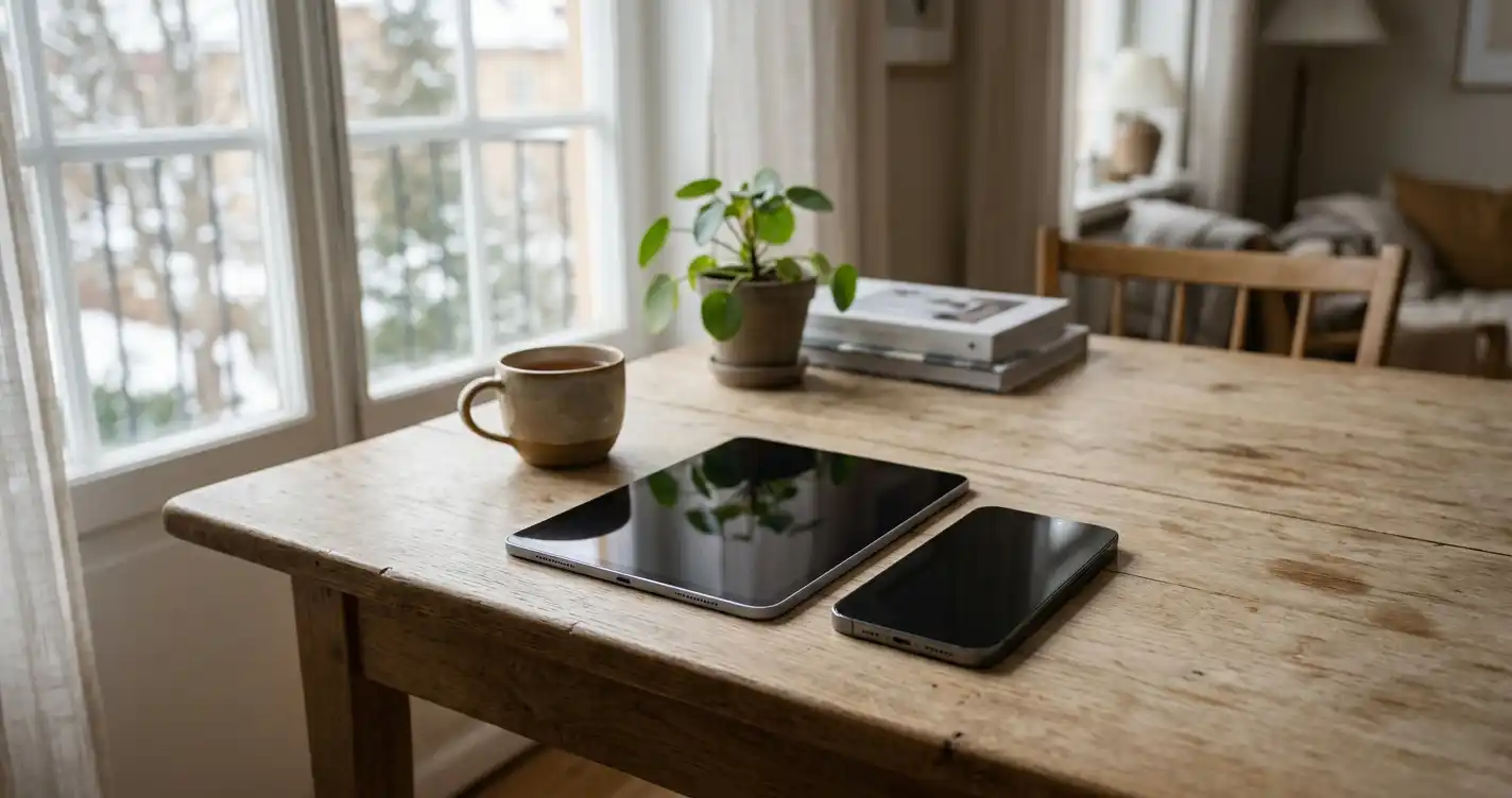 Mobiltelefon och surfplatta på ett träbord intill en kopp och ett fönster