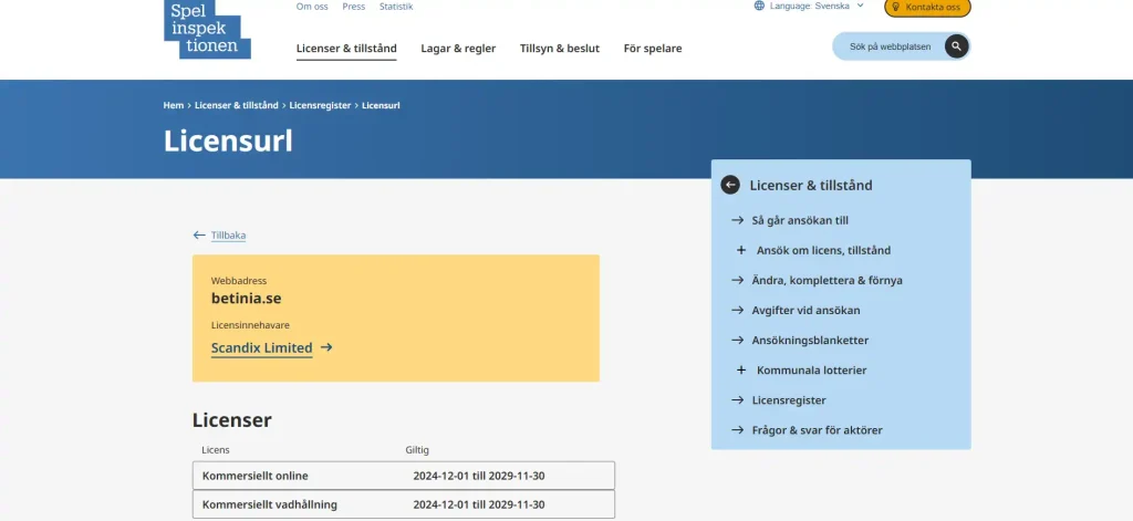 Skärmbild från Spelinspektionens licensregister för betinia.se med Scandix Limited som licensinnehavare