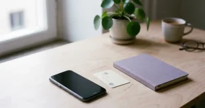 Mobiltelefon och neutralt betalkort på ett ljust skrivbord