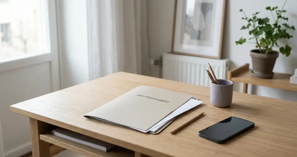 Anteckningsbok, mobiltelefon och neutral bankhandling på ett svenskt skrivbord