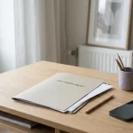 Anteckningsbok, mobiltelefon och neutral bankhandling på ett svenskt skrivbord